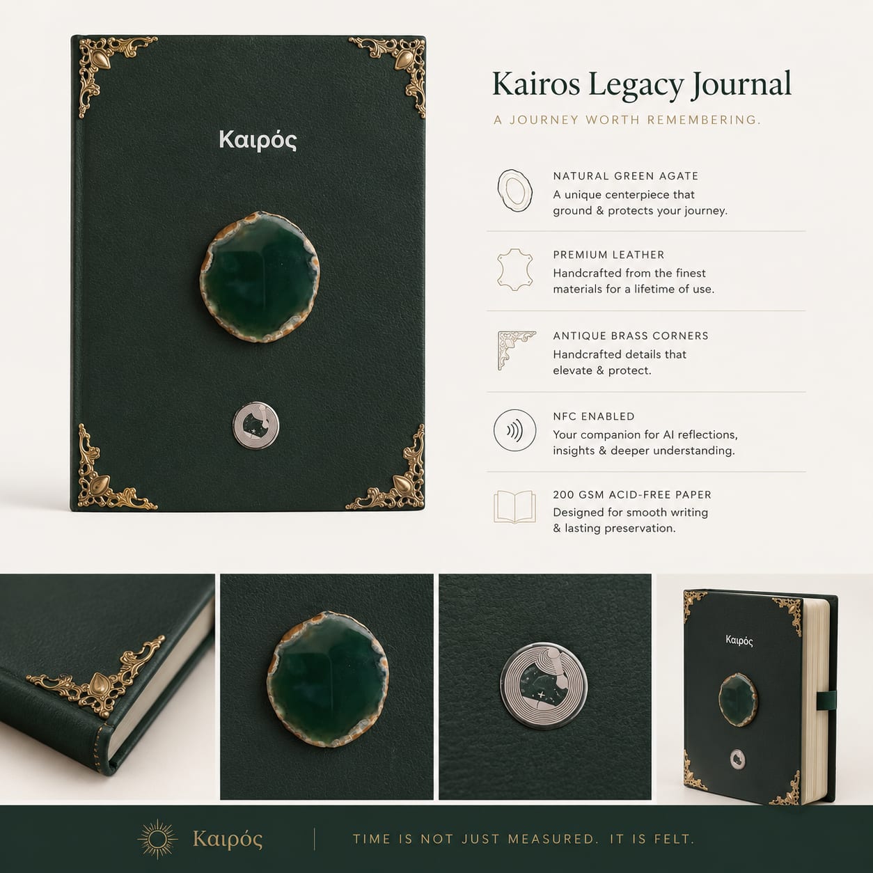 Detail view of the Legacy journal: the natural agate centrepiece, full-grain leather, antique brass corner fittings, the NFC medallion, and 200 GSM acid-free paper