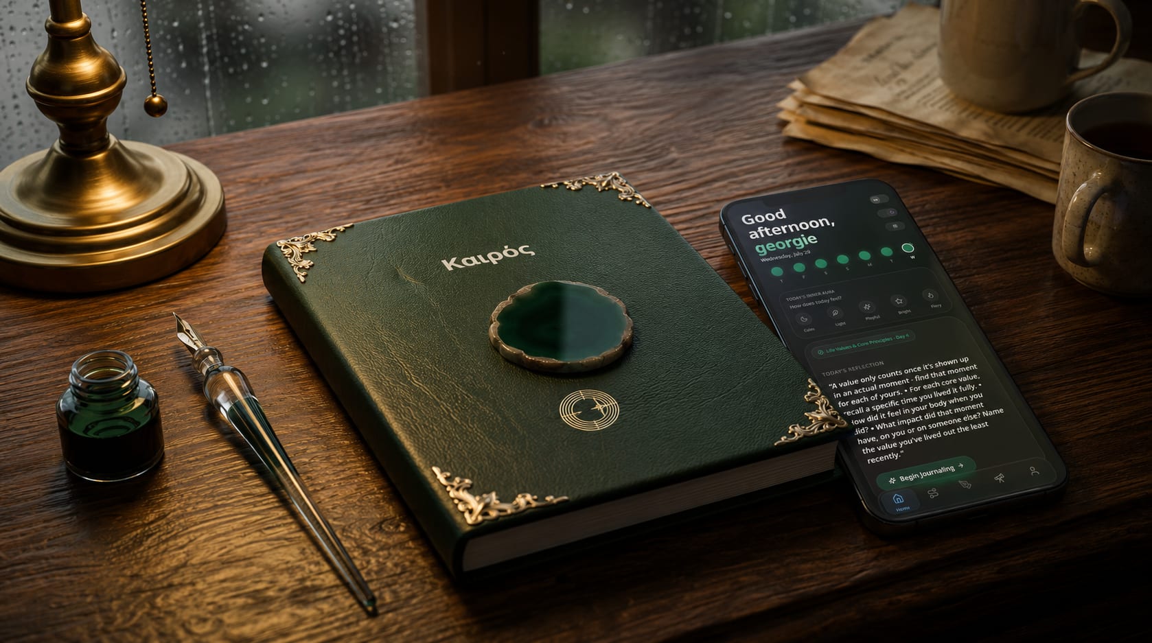 The Καιρός Legacy journal on a writing desk beside a fountain pen and a phone showing the app's daily reflection prompt