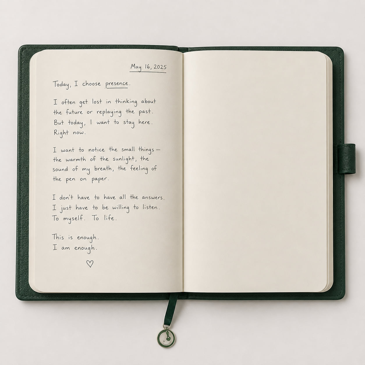 A Καιρός journal lying open and flat, one page filled with a handwritten entry, the facing page blank