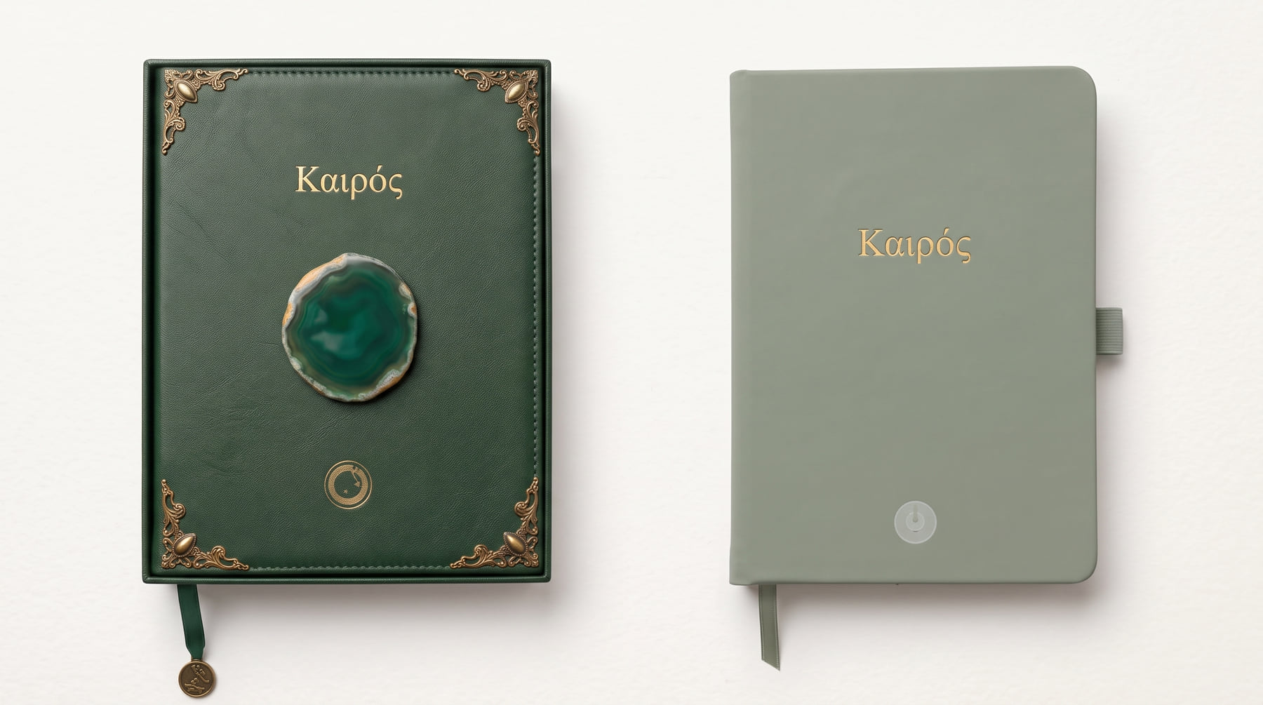The two Καιρός journals side by side: the Legacy in dark green leather with a natural agate centrepiece and antique brass corners, and the Essential in soft mint-green vegan leather