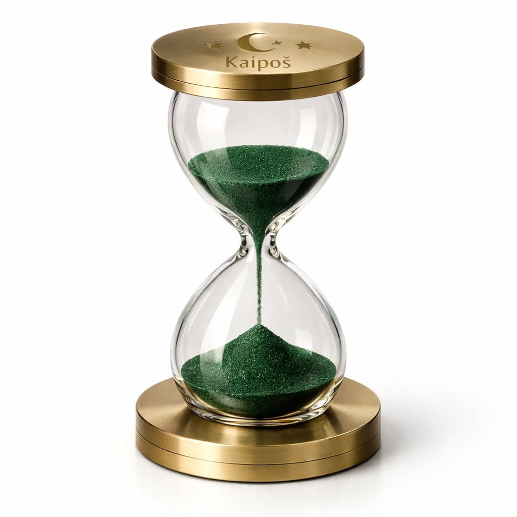 The Καιρός Contemplation Glass: solid brushed brass hourglass engraved with celestial moon and stars, filled with emerald green mineral sand