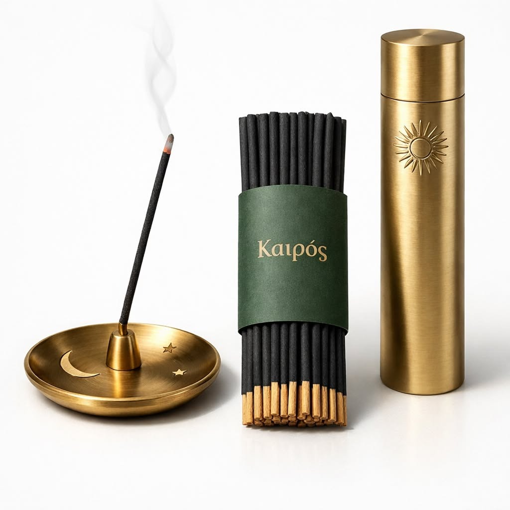 Καιρός Incense Ceremony: artisanal incense sticks in deep green band, solid brass celestial burner dish with rising smoke, and threaded brass travel cylinder