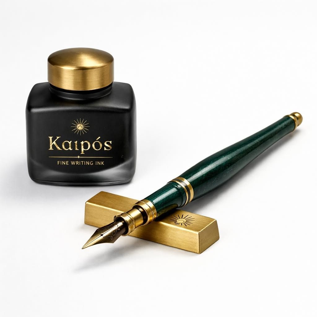 Καιρός Fine Writing Ink in matte black glass with brass sun cap, paired with the forest green and brass fountain pen on a solid brass pen rest