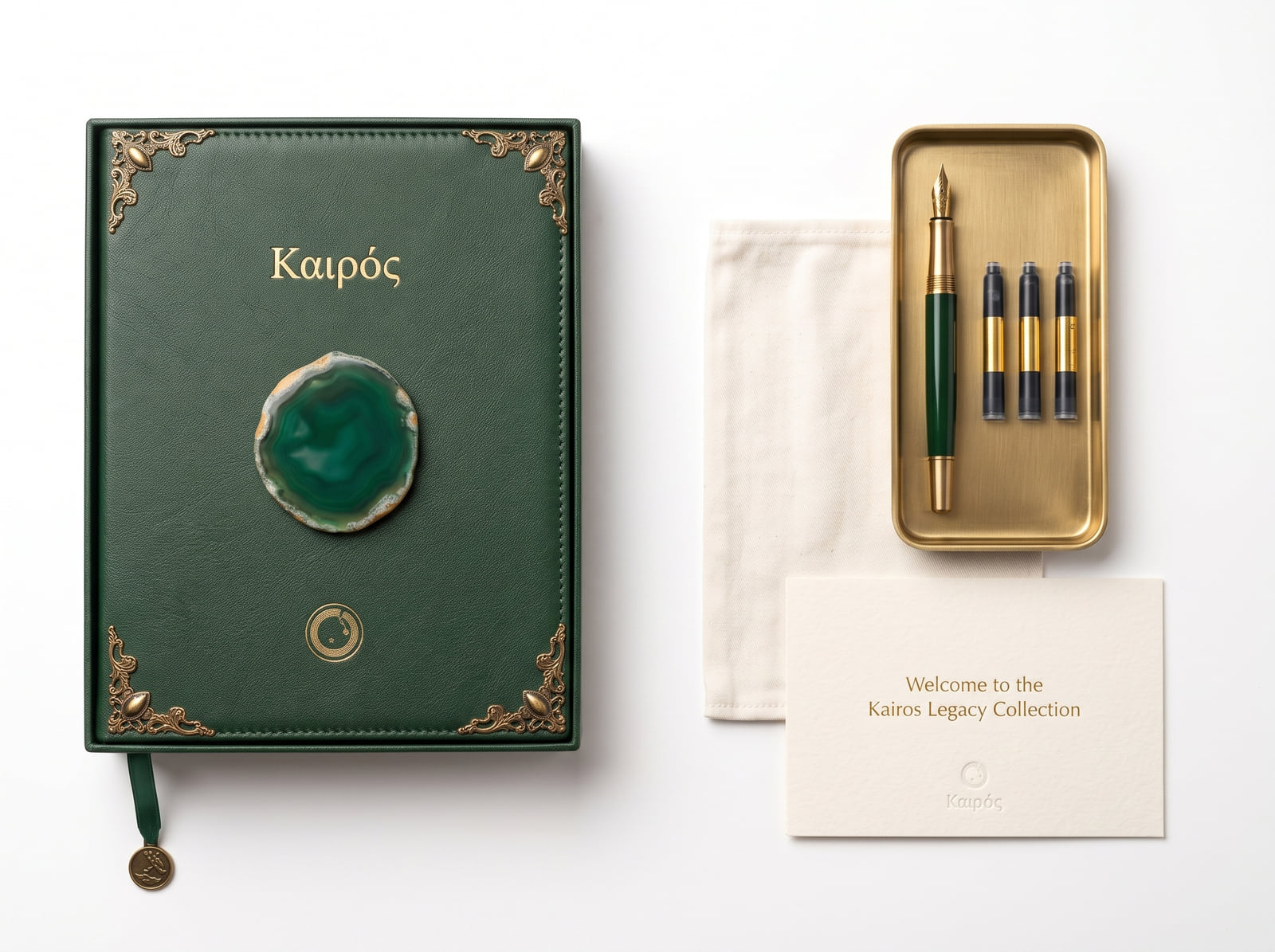 The Καιρός Legacy journal in full-grain leather with antique brass corners, shown with the Kairos pen